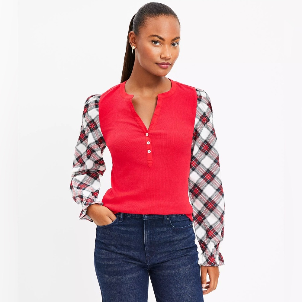 Loft Red Henley Blouse with Plaid Sleeves XL